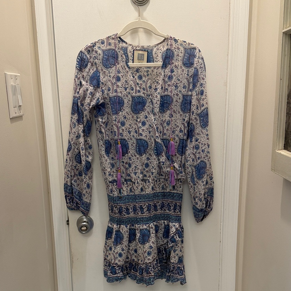 Boho Blue Paisley Mini Dress with Tassels